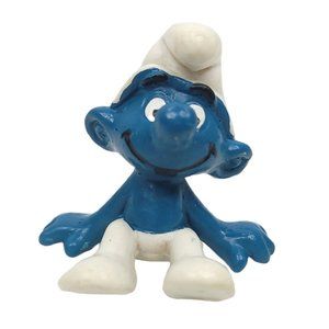 Vintage 1979 Peyo Schleich Sitting Smurf Figure PVC Hong Kong Large Face Variant